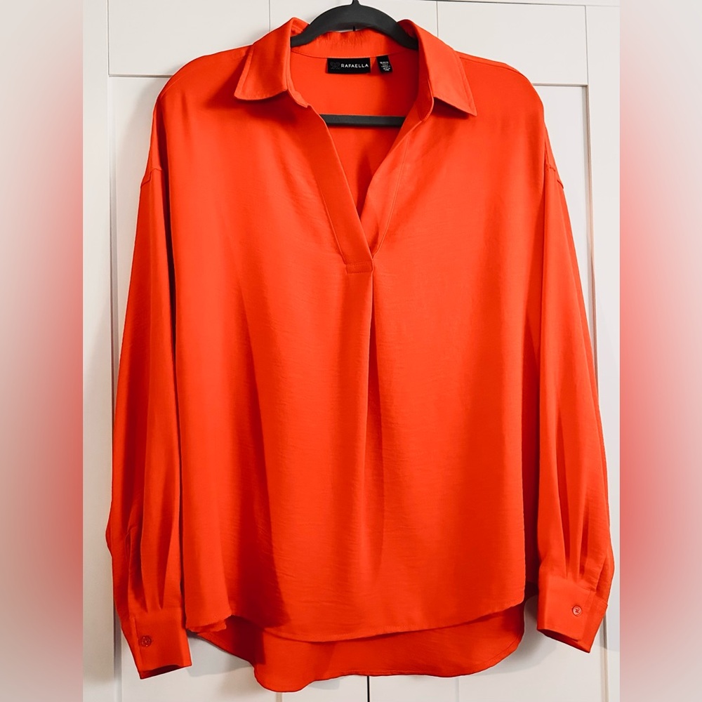 Rafaella Orange Red Collared V-Neck Blouse Crinkle Material Oversized Sz MED